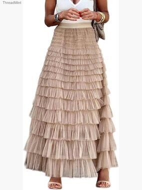 Long Maxi Tulle Skirt High Waisted A-Line Tiered Layered Mesh Tutu Skirt